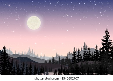 Panorama landscape of starry night with full behind mountain and pine tree, Panoramic the full moon rising with stars in Winter night forest, Background for Merry Christmas and Happy New Year 