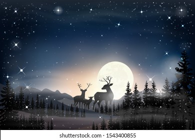 Panorama landscape of starry night with full behind mountain, reindeers family standing in pine tree, Beautiful night scenes of full moon rising with stars in Winter wonderland forest