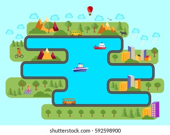 Panorama. Landscape. Summer vacation outside the city. Animation. Vector illustration.