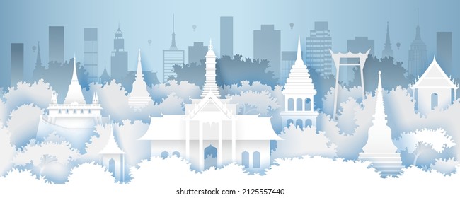 Panorama Landscape of Thailand with city skyline and Asia famous landmarks in paper cut style vector illustration.