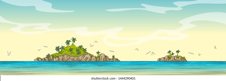 Panorama landscape with two islands. Hand drawn vector illustration with separate layers.