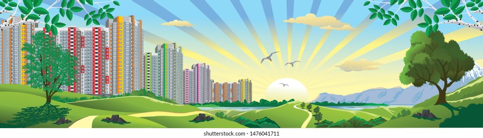 Panorama - landscape. View from the top of the hill to the Metropolis. Sunrise over the city. City and mountains on the lake. Vector illustration