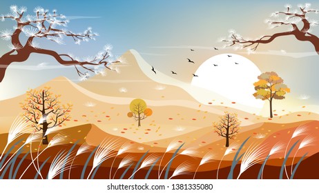 Panorama landscapes of autumn countryside farm field, wild grass, mountain with leaves falling from trees in sunny day, Vector forest Mid autumn with blue sky background for greeting card or banner