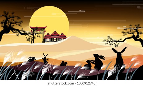 Panorama landscapes of Chinese temple and mountain with family rabbit celebration and looking at full moon, Vector Mid autumn festival for greeting card, banner, poster template background
