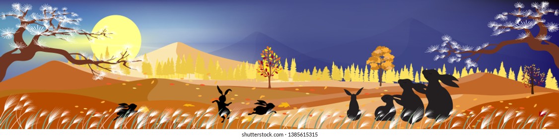 Panorama landscapes of Chinese temple and mountain with happy family of rabbits celebration and looking at full moon, Vector Mid autumn festival for greeting card, banner, poster template background
