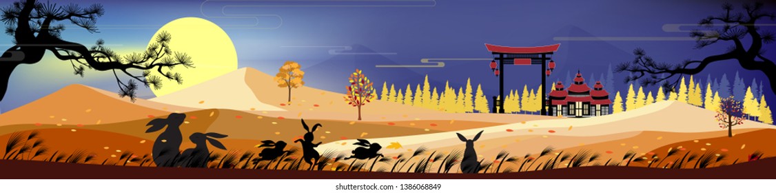 Panorama landscapes of Chinese temple and mountain with happy family of rabbits celebration and looking at full moon, Vector Mid autumn festival for greeting card, banner, poster template background