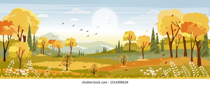 Panorama landscapes of Countryside in autumn,Panoramic of mid autumn with farm field, mountains, wild grass and leaves falling from trees in yellow foliage. Wonderland landscape in fall season