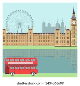 Panorama of London flat style vector illustration. Istanbul architecture. Cartoon London symbols and objects. London  city skyline vector background. Flat trendy illustration.