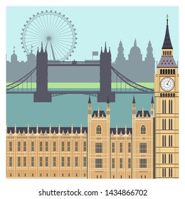 Panorama of London flat style vector illustration. Istanbul architecture. Cartoon London symbols and objects. London  city skyline vector background. Flat trendy illustration.