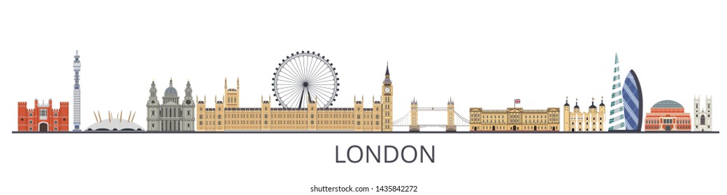 Panorama of London flat style vector illustration. London architecture. Cartoon United Kingdom symbols and objects.