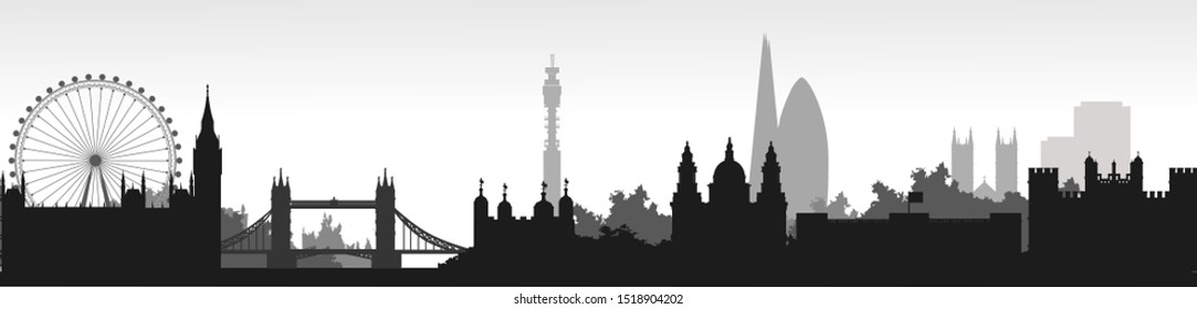 Panorama of London flat style vector illustration. Istanbul architecture. Cartoon London symbols and objects. London city skyline vector background. Flat trendy illustration.