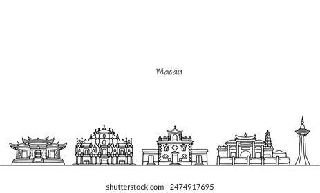 Panorama of Macau streets. Beautiful architecture of the Special Administrative Region of the People's Republic of China. Vector illustration on the theme of tourism.