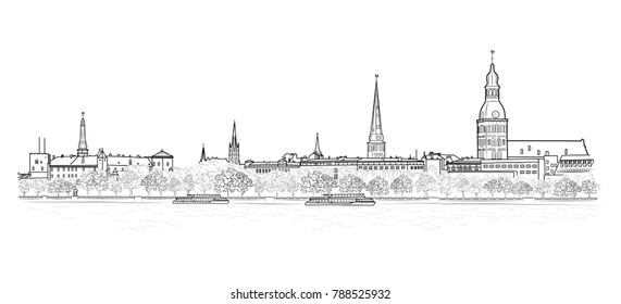 Panorama of the main sights of Riga, view of the embankment from the river. Latvia. Vector illustration.