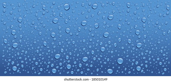 panorama of many water drops on blue background
