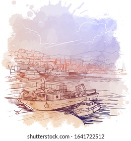 Panorama of the marina with fishing boats. La Spezia, Liguria, Italy. Vintage design. Linear sketch on a watercolor textured background. EPS10 vector