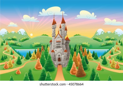 Panorama with medieval castle. Cartoon and vector illustration