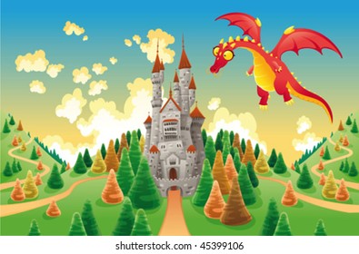 Panorama with medieval castle and dragon. Cartoon and vector illustration, isolated objects