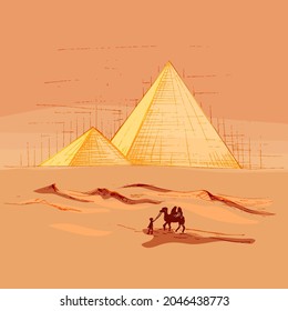 Panorama minarets and sunset sky with camel. Vector vintage hatching color illustration. Hand drawn design