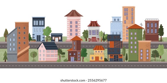 Panorama of modern city. Cityscape with municipal buildings, townhouse, cottage, apartments, park, trees, road. Horizontal urban landscape. Flat vector Illustration of town view on white background.