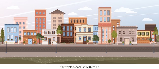 Panorama of modern city. Cityscape with municipal buildings, townhouse, cottage, apartments, trees, mountains, road, street lights. Horizontal urban landscape. Flat vector Illustration of town view.