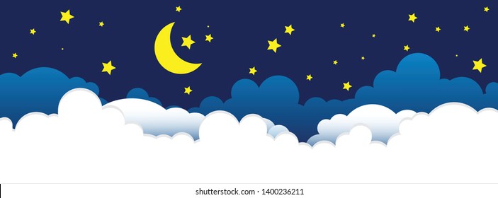 Panorama moon and stars with clouds in midnight .paper art style.Vector illustration EPS 10.