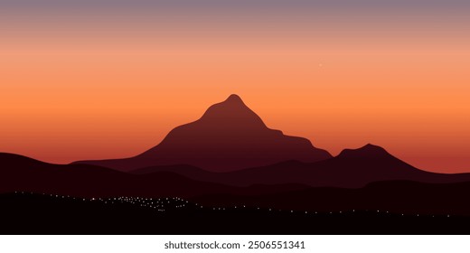 Panorama del crepúsculo de la mañana en las montañas, Cielo rojo antes del amanecer sobre el paisaje montañoso con las luces de la ciudad en la distancia, Ilustración vectorial