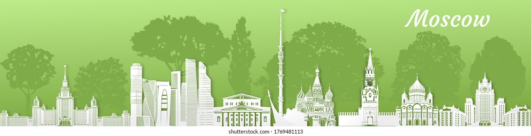 Panorama of Moscow. Flat and eco style, moscow architecture. Travel  and tourism illustration