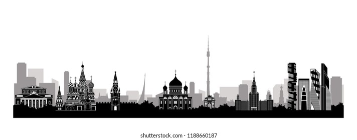 Panorama of Moscow flat style vector illustration. Moscow architecture. Cartoon Russia symbols and objects. Monochrome silhouette of Moscow