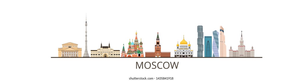 Panorama of Moscow flat style vector illustration. Moscow architecture. Cartoon Russia symbols and objects.