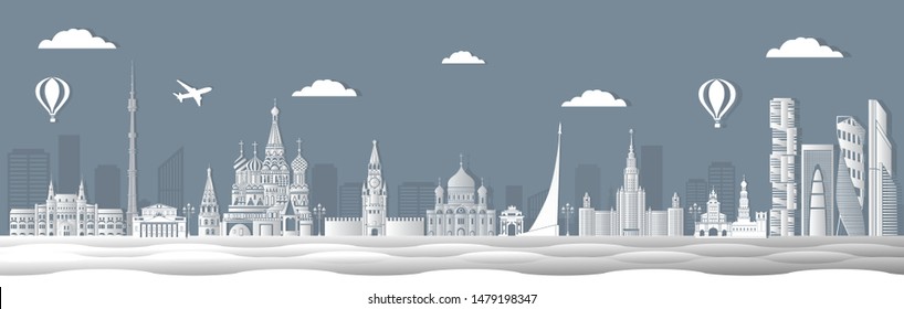 Panorama of Moscow vector illustration. Moscow architecture. Cartoon Russia symbols and objects. Panorama postcard and travel poster of world famous landmarks of Moscow, Russia in paper cut style.
