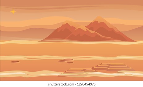 Panorama Mountain Landscape Red Planet Surface. Vector Illustration Landscape Mars. Bright Star Above Surface Mars. Sandy Desert. Planet without Sign Life. Scientific Space Learning New World