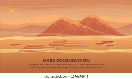 Panorama Mountain Landscape Red Planet Surface. Banner Vector Illustration Mars Colonization Landscape Mars. Bright Star Above Surface Mars. Sandy Desert. Scientific Space Learning New World