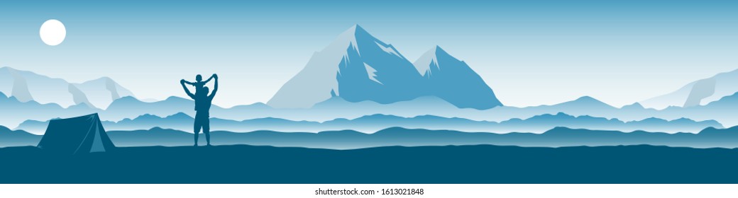 Panorama Of The Mountain Landscape With Silhouette Of Father And Son, Man And Boy. Vector Illustration Of A Natural Background And Family People. Travel, Tourism, Camping, Climbing And Hiking Concept.