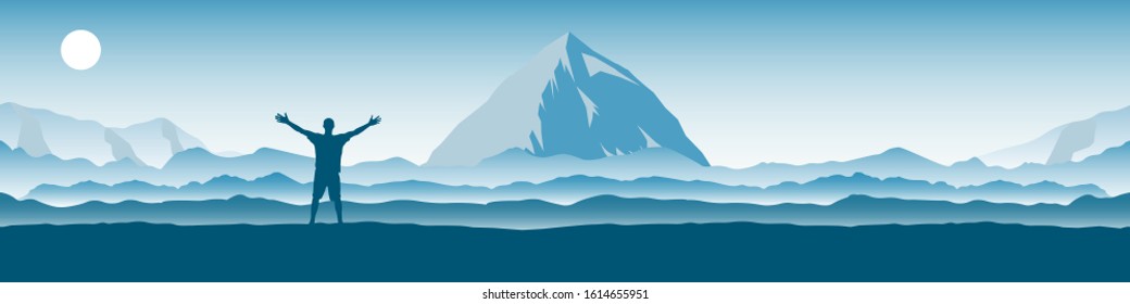 Panorama of the mountain landscape with silhouette of man with open arms. Vector illustration of a natural background. Travel, tourism, climbing and hiking concept. Editable template with copy space.