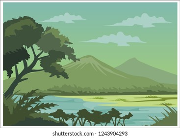 panorama with mountain  ,tree, and river on vector illustration
