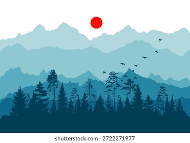 Panorama der Bergbäume und der roten Sonne. Handgezeichnet. Nicht AI, Vektorgrafik