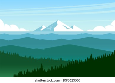 Panorama of mountain valley. Landscape with view of hilly area. Far away icy peak