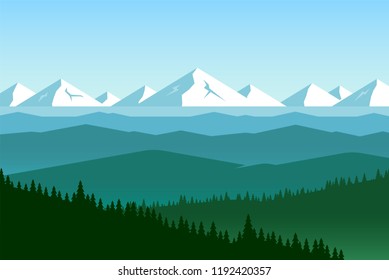 Panorama of mountain valley. Landscape with view of hilly area. Far away icy peaks