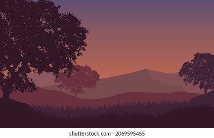 Panorama of the mountains with an aesthetic forest from the edge of the city at dusk. Vector illustration of a city