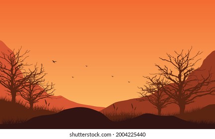 Panorama of the mountains with an aesthetic silhouette of dry trees at dusk from the edge of the city. Vector illustration of a city