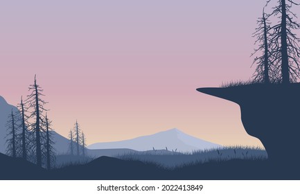 Panorama of mountains and aesthetic silhouettes of pine trees from the village at sunrise in the morning. Vector illustration of a city