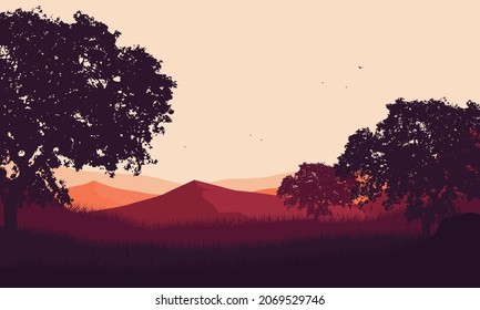 Panorama of the mountains in the beautiful afternoon from the outskirts of the city with the silhouette of large trees that are aesthetically pleasing. Vector illustration of a city