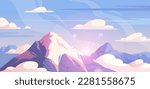 Panorama with mountains. Beautiful natural landscape, white snowy hills under blue sky with clouds. Rock range peak with ice. Mountain summit winter scene. Cartoon flat vector illustration