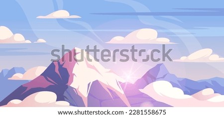 Panorama with mountains. Beautiful natural landscape, white snowy hills under blue sky with clouds. Rock range peak with ice. Mountain summit winter scene. Cartoon flat vector illustration ストックフォト © 