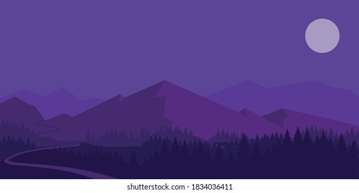 Panorama of mountains behind the forest and mountain road at night in full moon light. Vector illustration