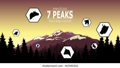 Panorama of mountains. Coniferous forest. Seven snowy peaks. Seven horned icons. Violet and yellow shades.
