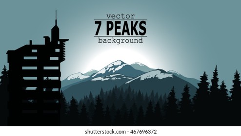 Panorama of mountains. Coniferous forest. Seven snowy peaks.  Building. Blue shades