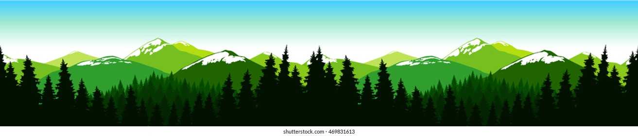 Panorama of mountains. Coniferous forest. Snowy peaks. Seamless landscape. Natural shades.