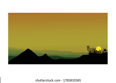 Panorama of mountains with deer, wilderness, valley at sunset or sunrise. Natural vector background, landscape with mountains and sun.