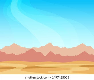 Panorama with mountains and desert under blue sky on a sunny day, nature scenic landscape illustration with copy space on top. Vector design for banner or wallpaper.